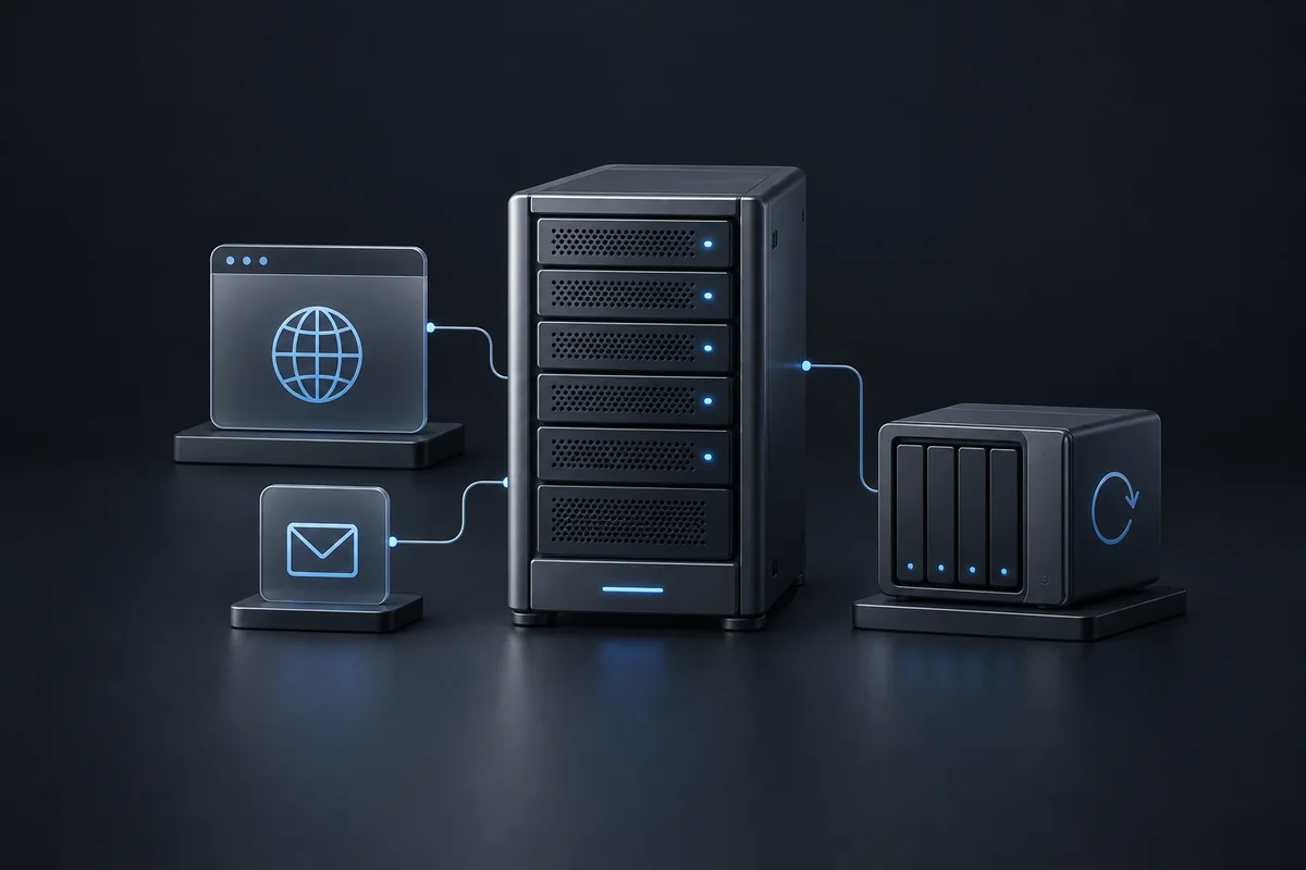 Illustratie van hosting voor website en e-mail met back-upopslag
