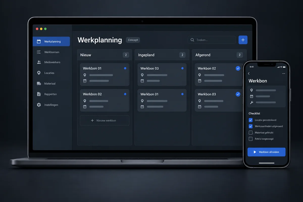 Concept van werkplanning met nieuwe, ingeplande en afgeronde werkbonnen en een mobiele werkbon